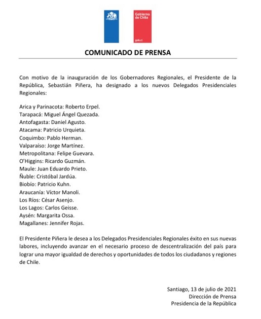 Presidente Piñera designa a Delegados Presidenciales Regionales
